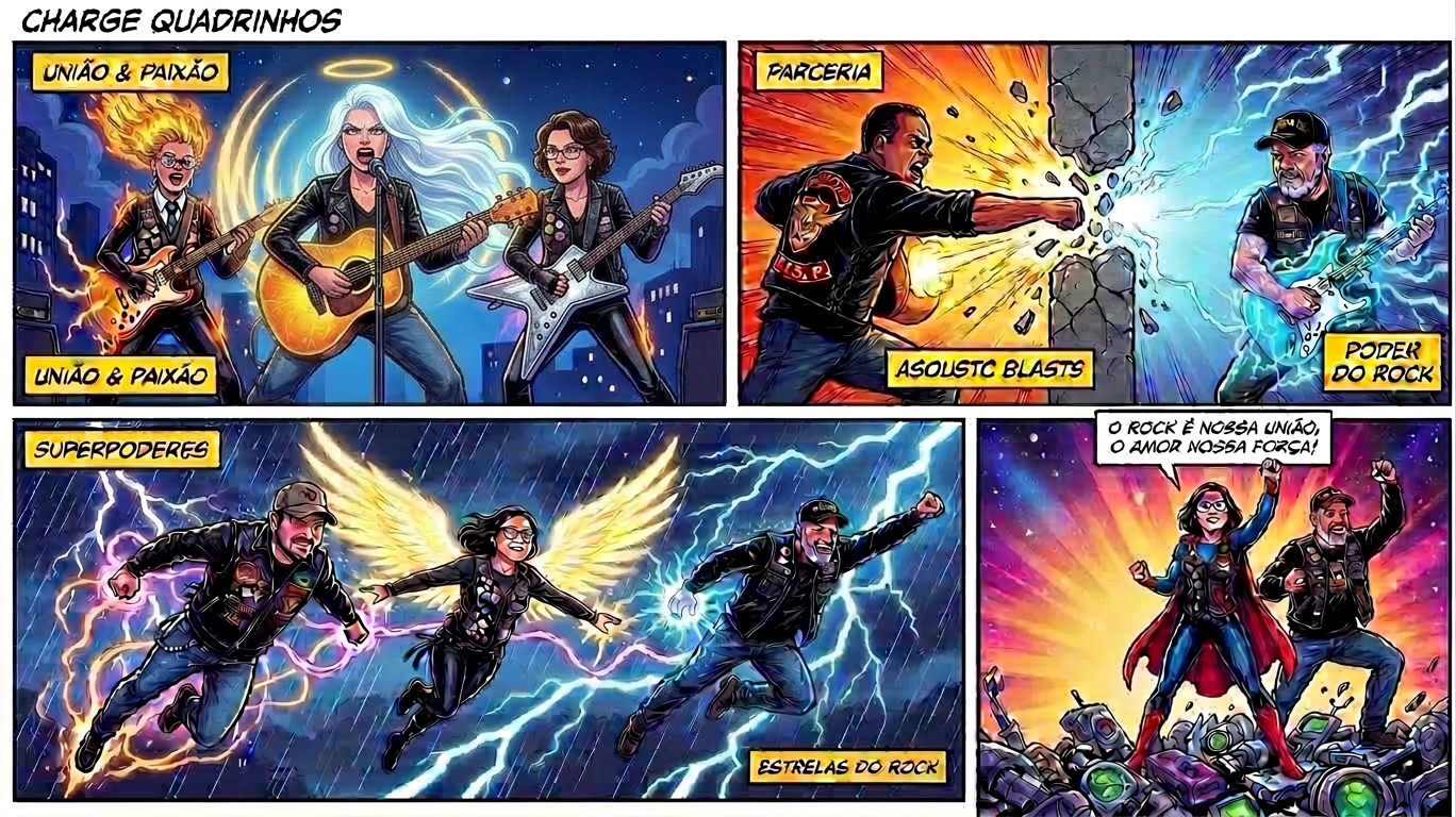 Comic strip featuring a rock band with fiery and electric powers symbolizing unity and passion